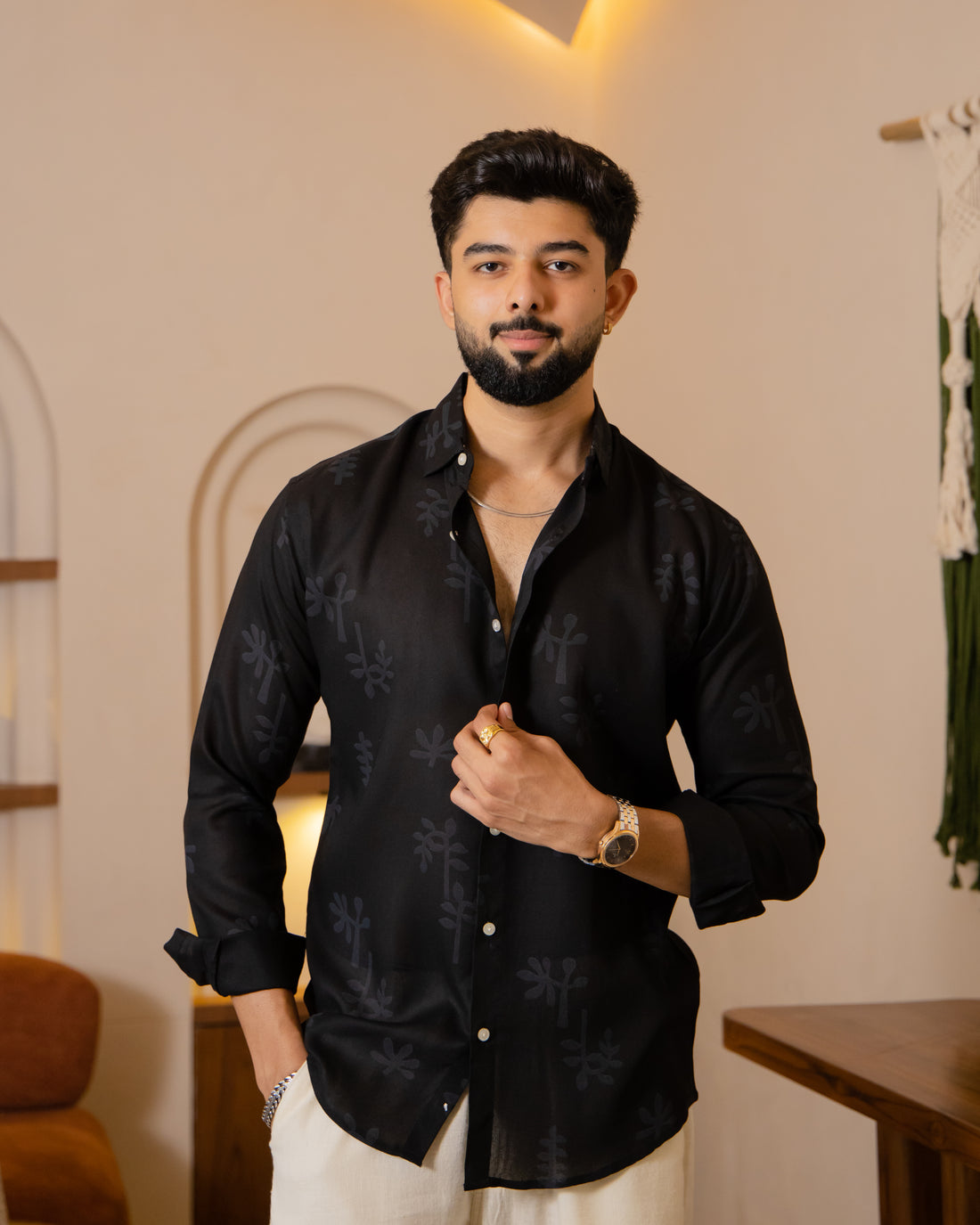 Signature Black Tonal Pattern Linen Shirt