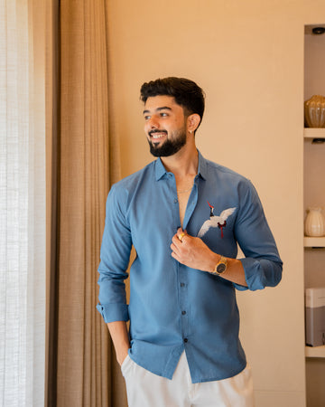 Teal Blue Linen Shirt with Flying Crane Embroidery