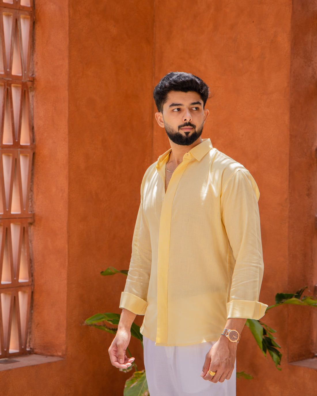 Sunlit Yellow Linen Layered Placket Shirt