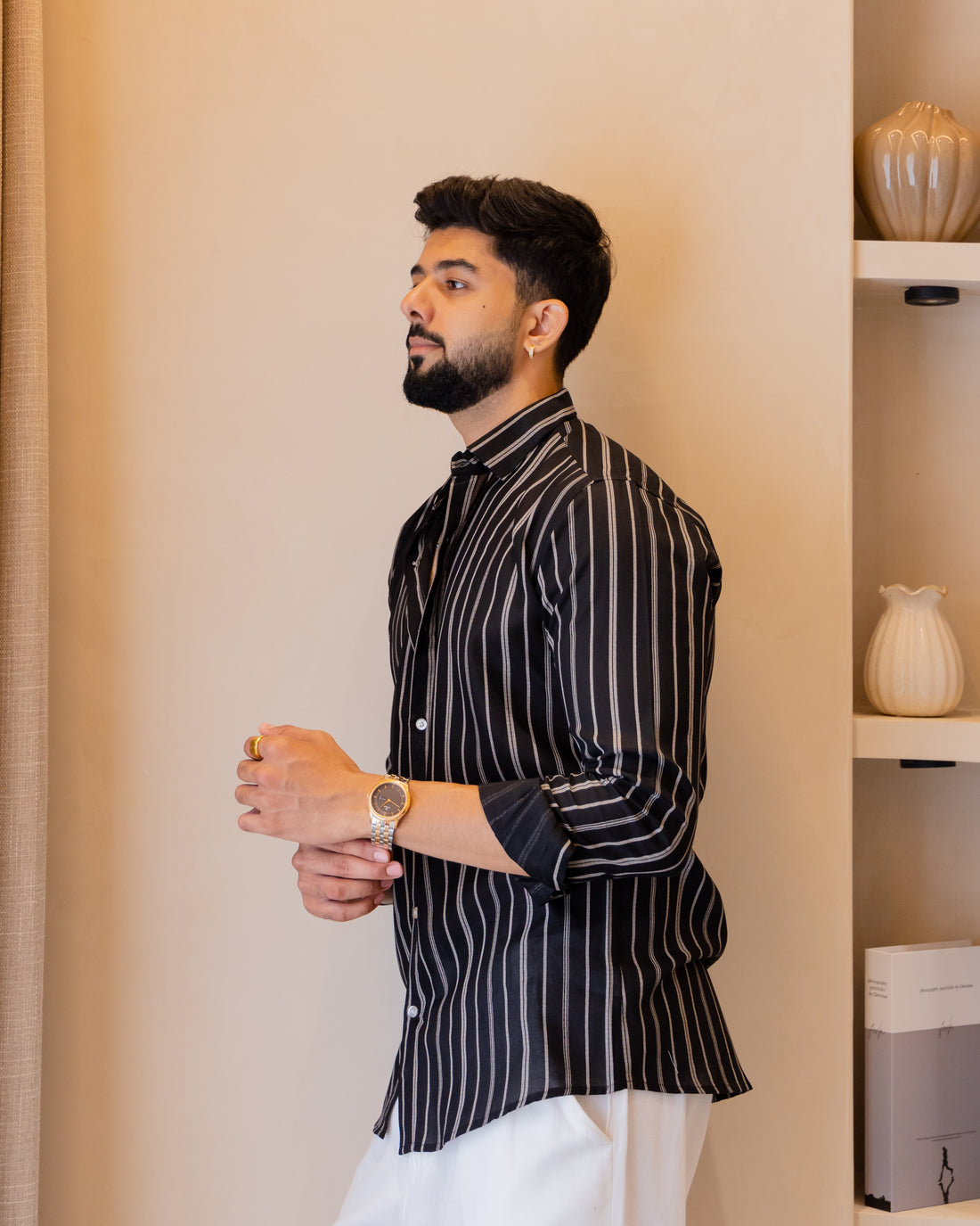 Black Contemporary Stripe Linen Shirt