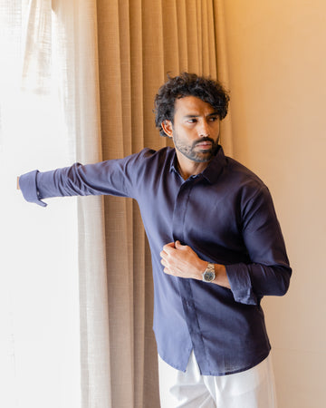 Indigo Linen Layered Placket Shirt