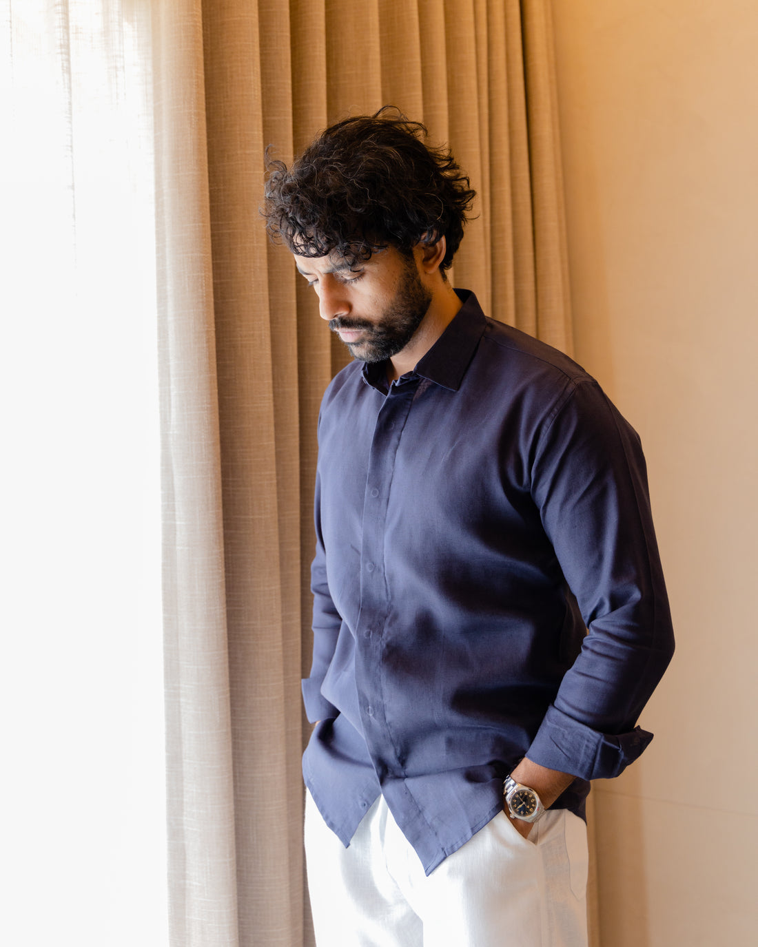 Indigo Linen Layered Placket Shirt