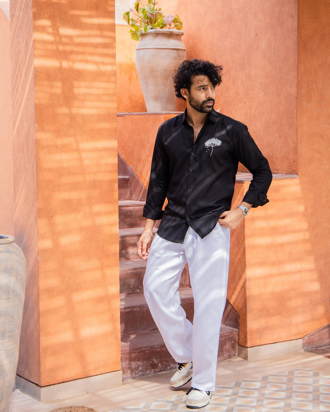 Black Linen Shirt with Minimal White Flower Embroidery