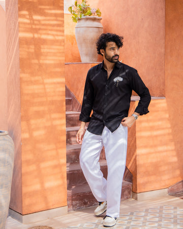 Black Linen Shirt with Minimal White Flower Embroidery