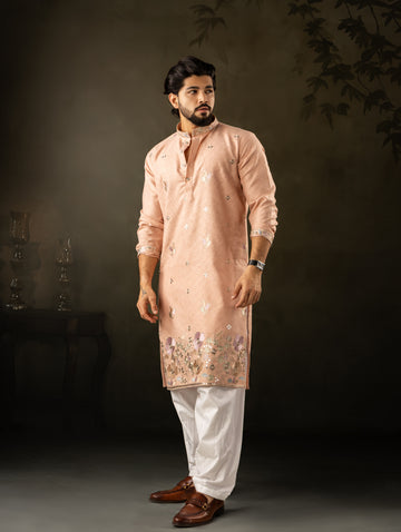 Peach Kurta with Embellished Floral Embroidery