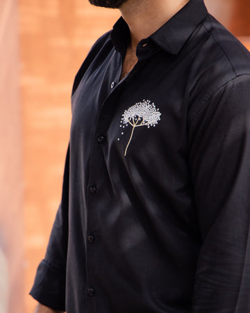 Black Linen Shirt with Minimal White Flower Embroidery