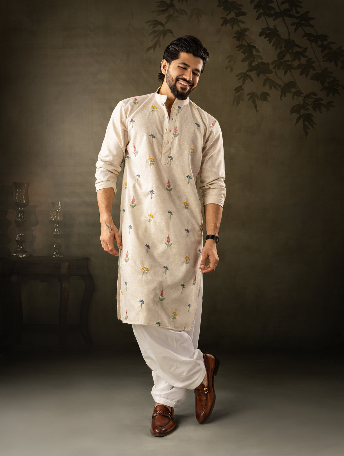 Luxury Cream Embroidery Linen Kurta