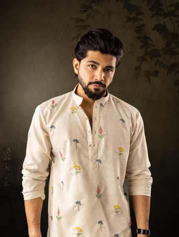 Luxury Cream Embroidery Linen Kurta