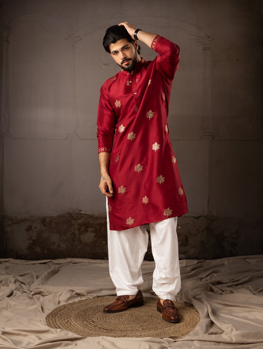 Classic Maroon Leaf Embroidered Motif Kurta