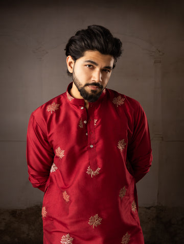 Classic Maroon Leaf Embroidered Motif Kurta