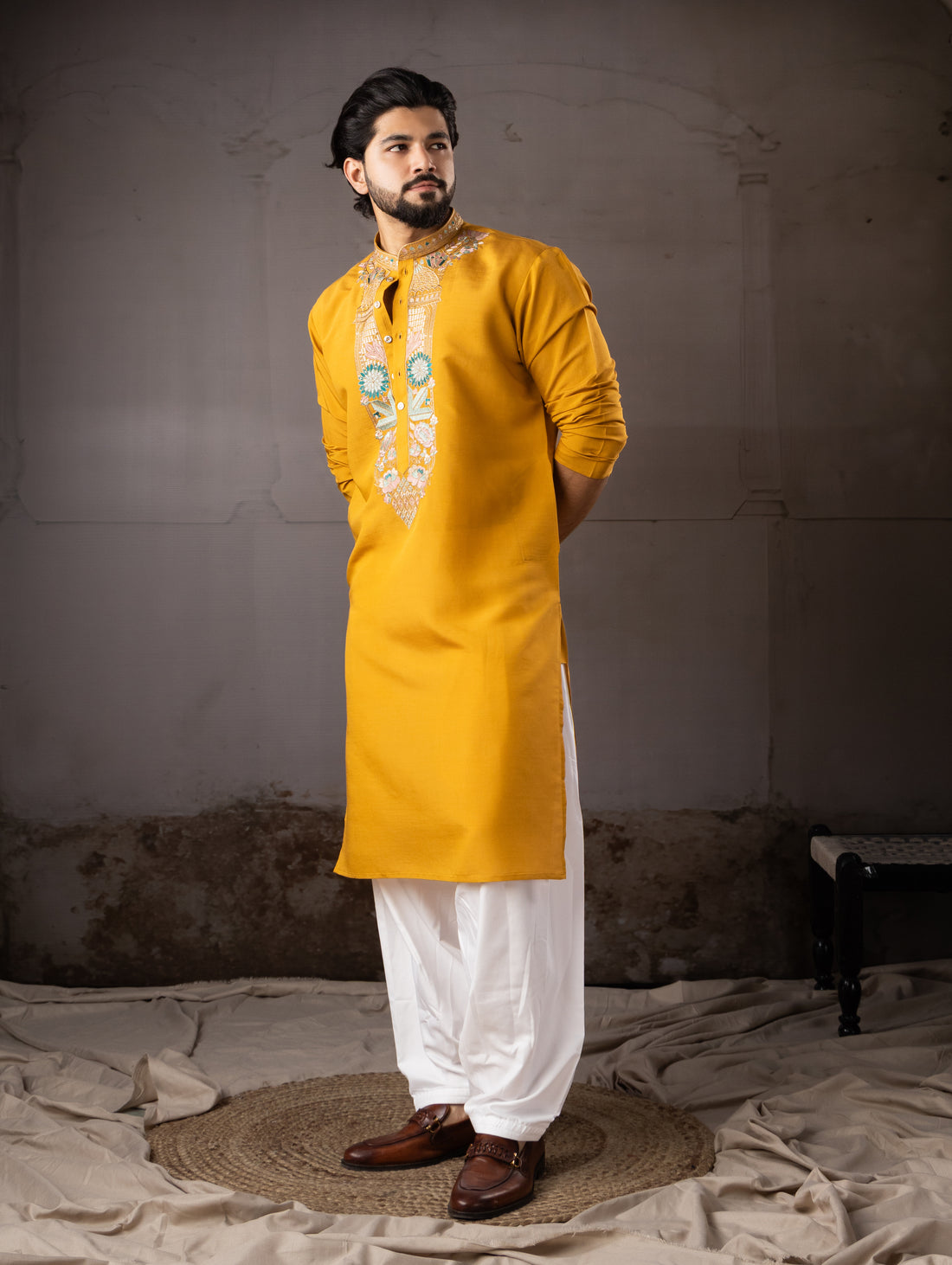 Classic Mustard Designer Kurta with Neck Embroidery