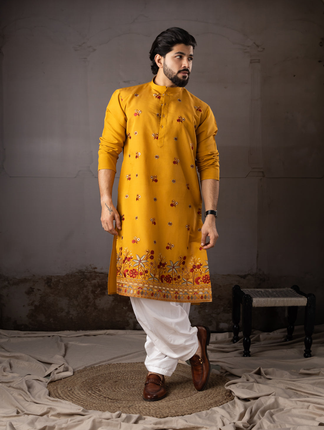 Mustard Floral Border Festive Kurta