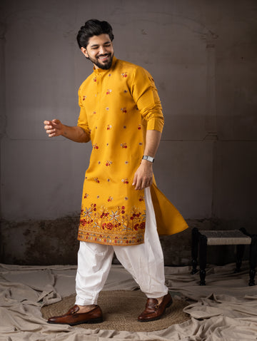 Mustard Floral Border Festive Kurta