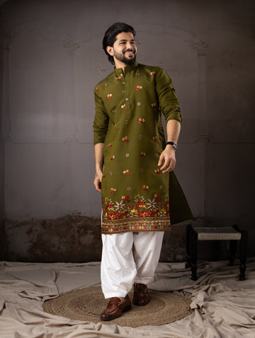 Royal Olive Floral Border Designer Kurta
