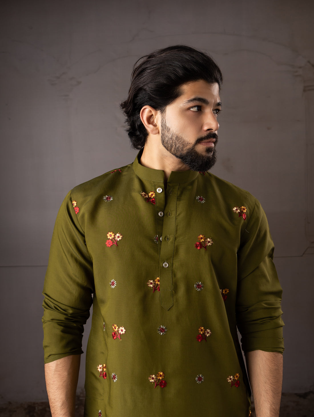 Royal Olive Floral Border Designer Kurta