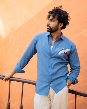 Teal Blue Linen Shirt with Flying Crane Embroidery