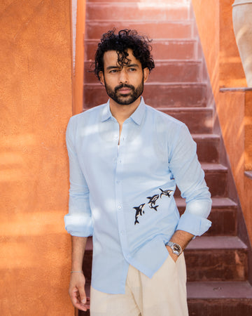 Sky Blue Dolphin Embroidered Linen Shirt