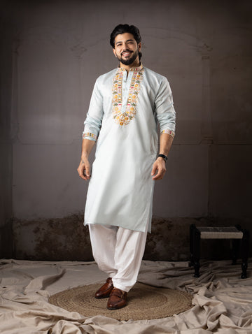 Powder Blue Embroidered Kurta with Floral Neckline