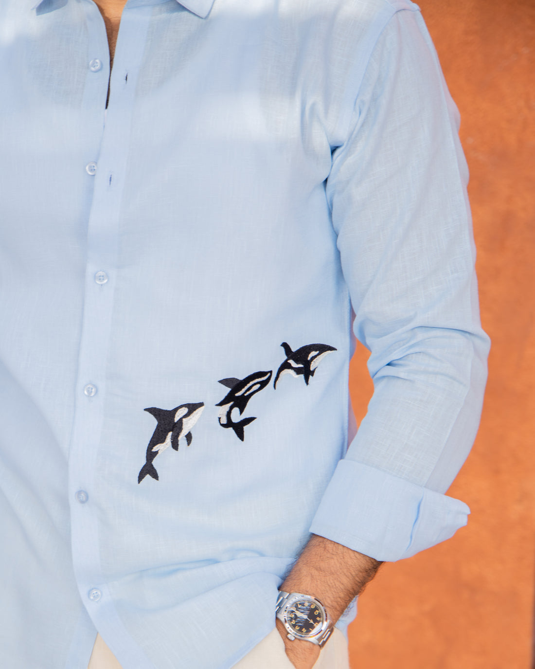 Sky Blue Dolphin Embroidered Linen Shirt