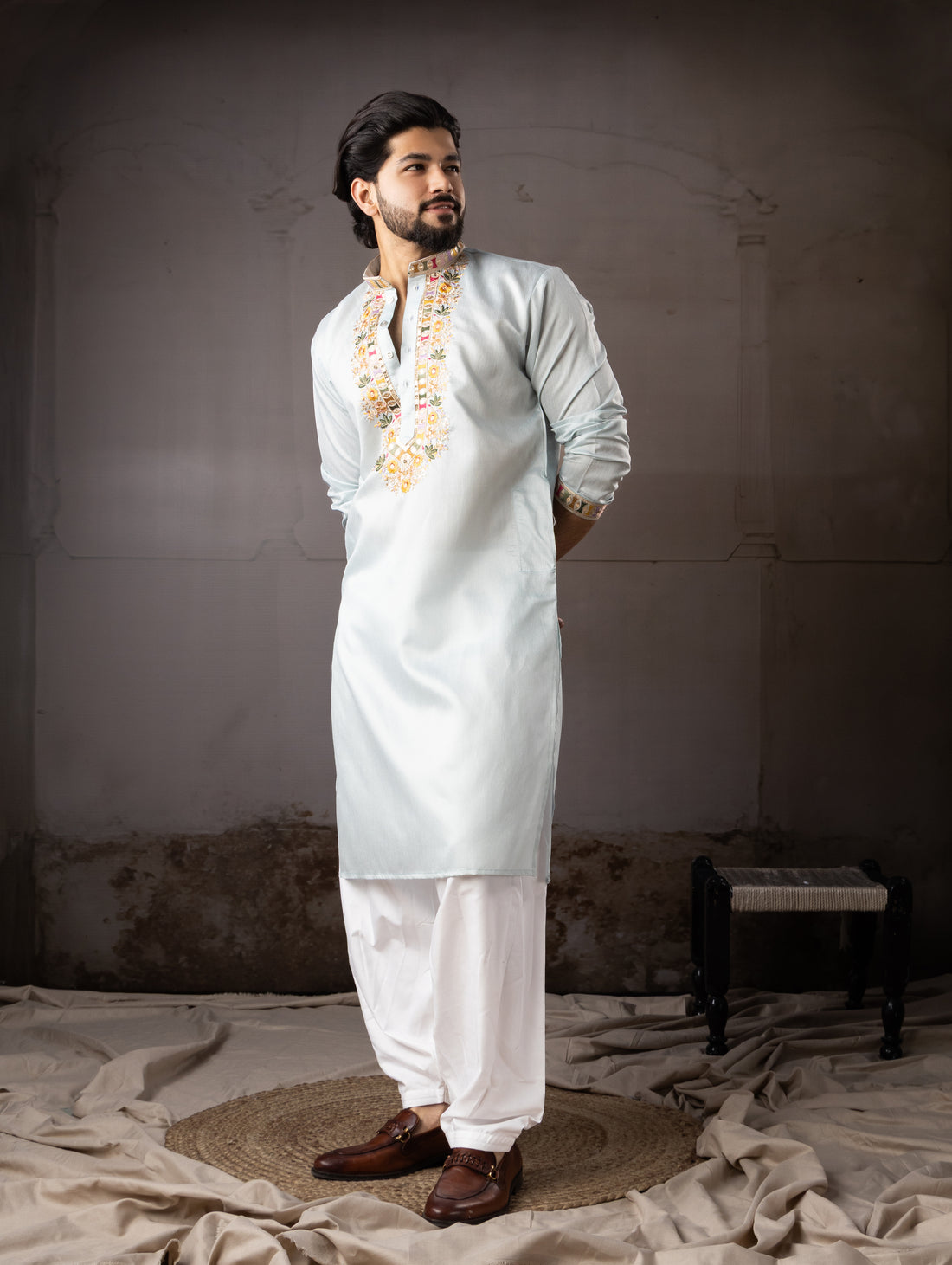 Powder Blue Embroidered Kurta with Floral Neckline
