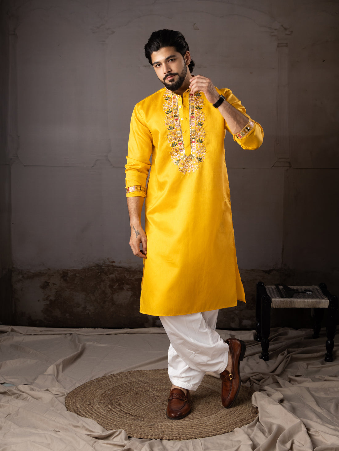 Mustard Yellow Embroidered Kurta with Floral Neckline