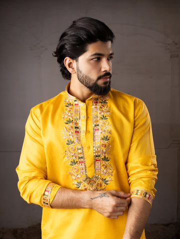 Mustard Yellow Embroidered Kurta with Floral Neckline