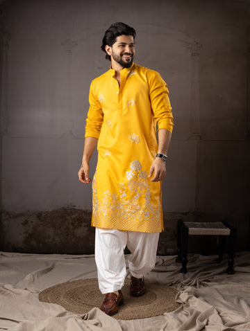 Rich Marigold Yellow Kurta with Detailed Floral Embroidery