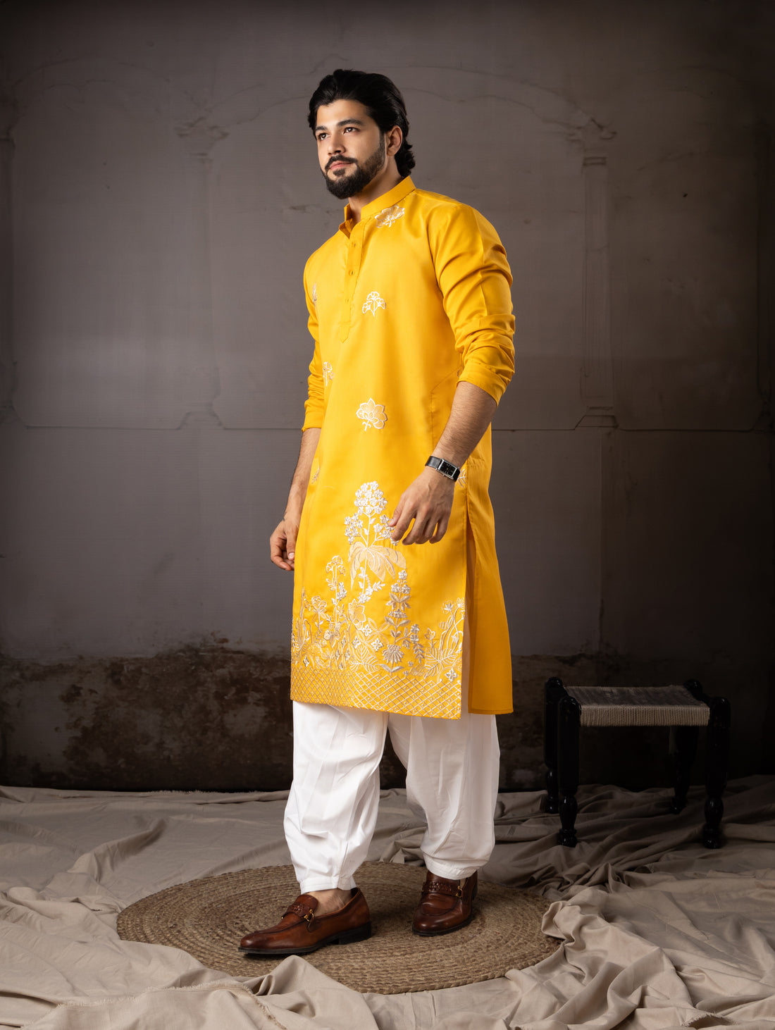 Rich Marigold Yellow Kurta with Detailed Floral Embroidery