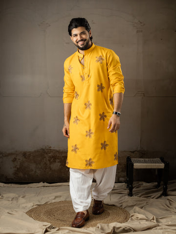Yellow Floral Embroidery Motif Linen Kurta