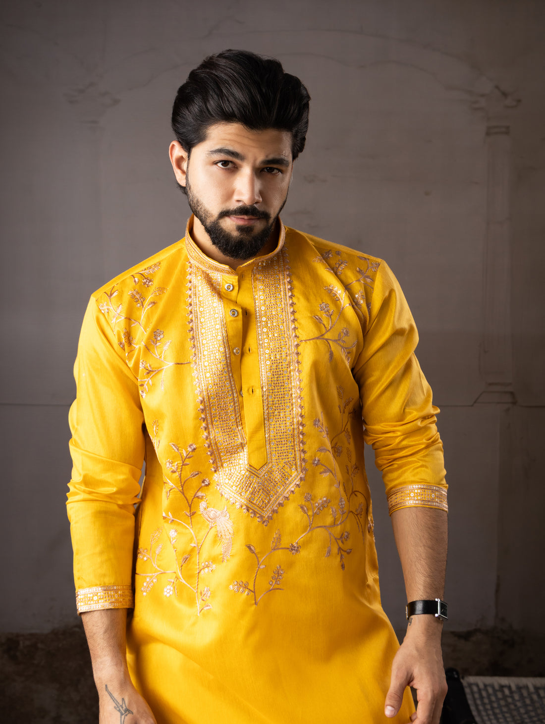 Premium Mustard Yellow Traditional Kurta with Floral Detailing