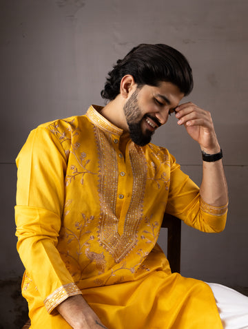 Premium Mustard Yellow Traditional Kurta with Floral Detailing