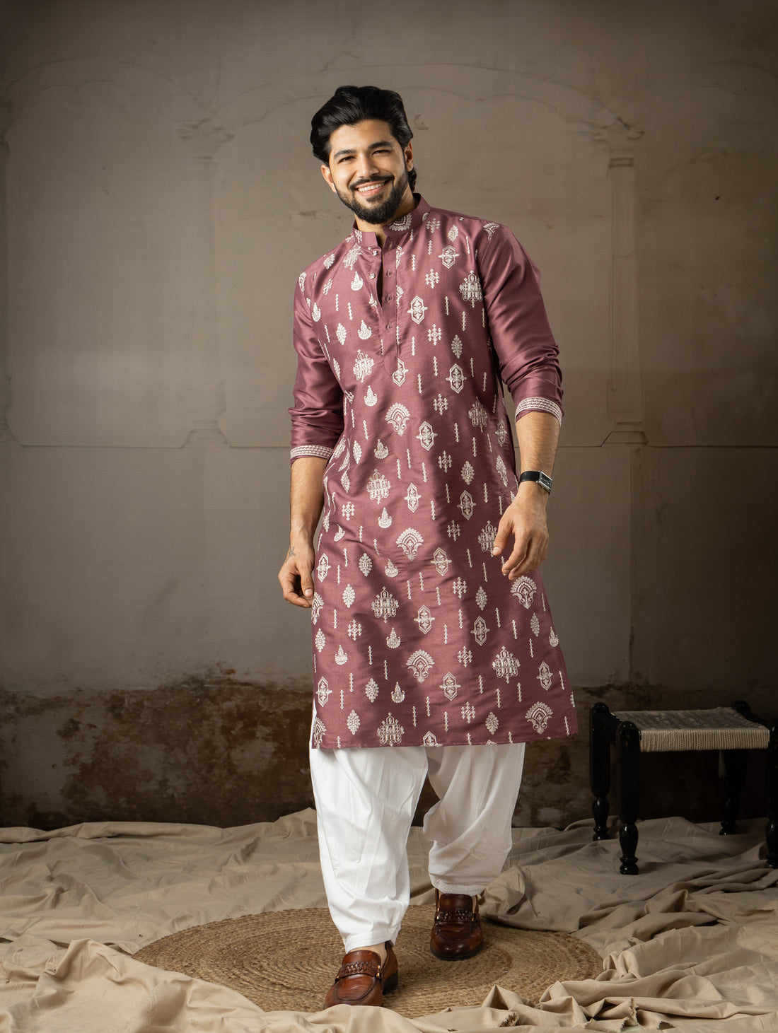 Heritage Wine Embroidered Kurta