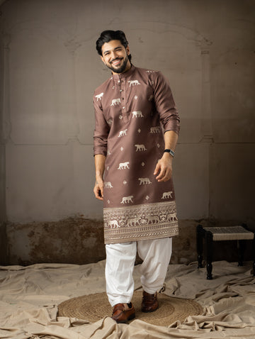 Royal Brown Kurta with Animal Motif Embroidery