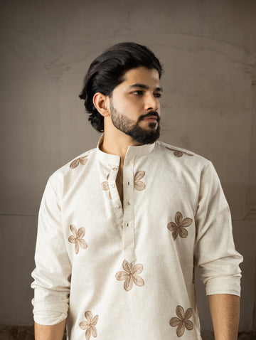 Cream Floral Embroidery Motif Linen Kurta
