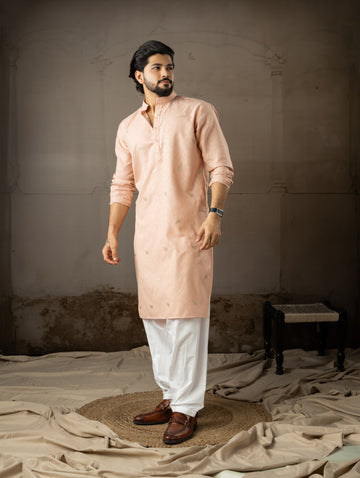 Soft Peach Leaf Embroidery Motif Kurta
