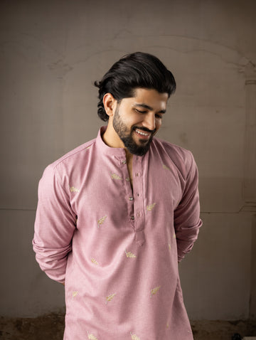 Mauve Pink Leaf Embroidery Motif Linen Kurta