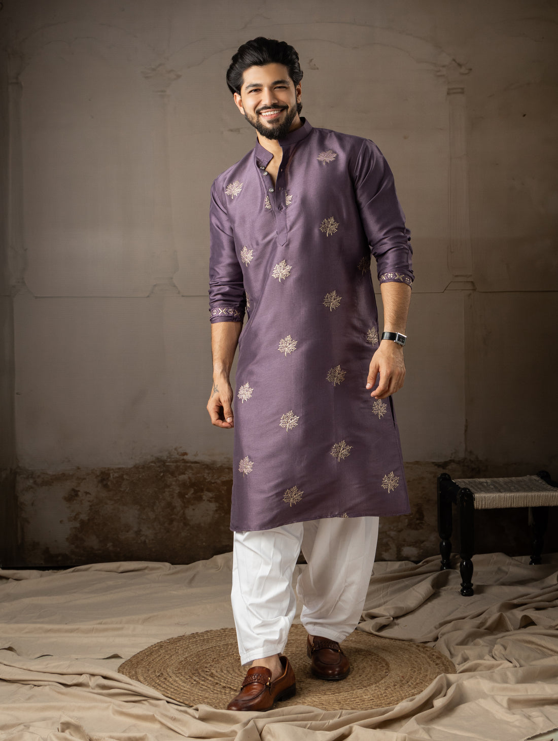 Classic Purple Leaf Embroidered Motif Kurta