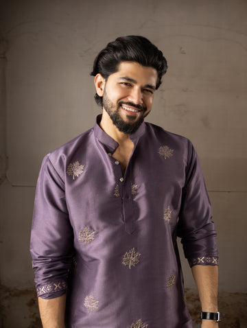 Classic Purple Leaf Embroidered Motif Kurta