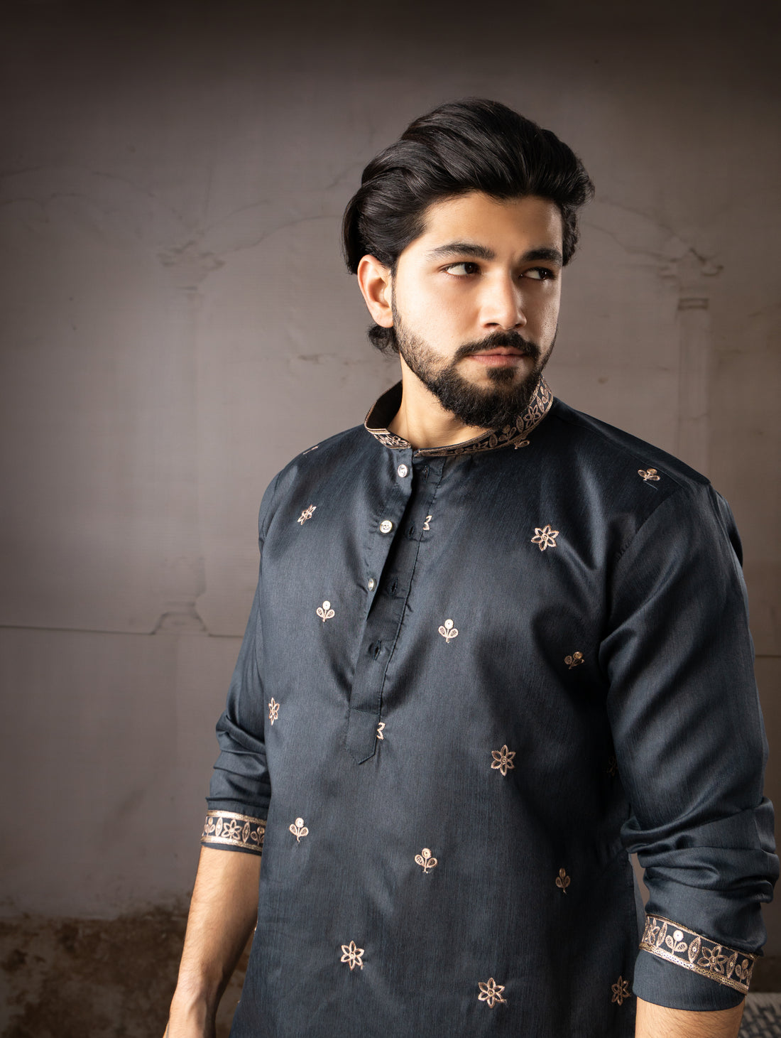 Midnight Blue Embroidered Kurta with Floral Border