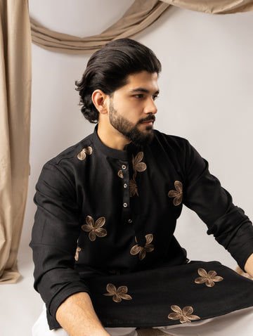 Black Floral Embroidery Motif Linen Kurta