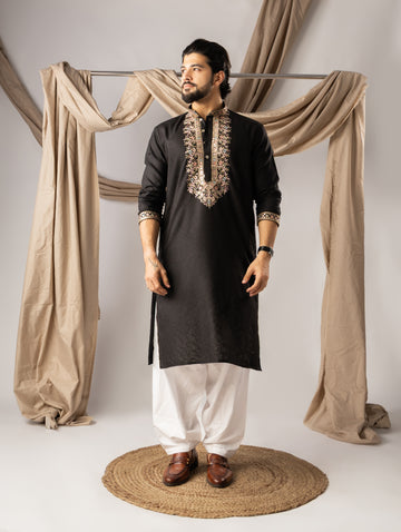 Classic Black Kurta with Traditional Threadwork