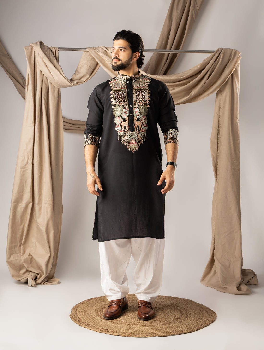 Classic Black Designer Kurta with Neck Embroidery