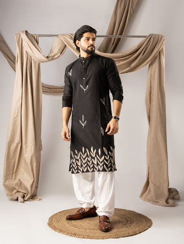 Black Leaf Embroidery Linen Kurta