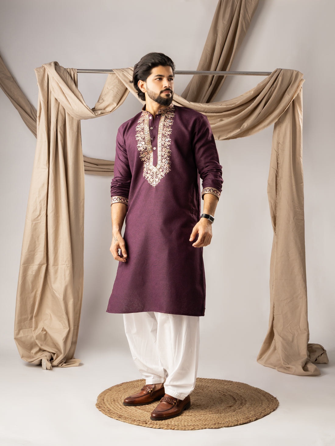 Classic Wine Kurta with Traditional Threadwork