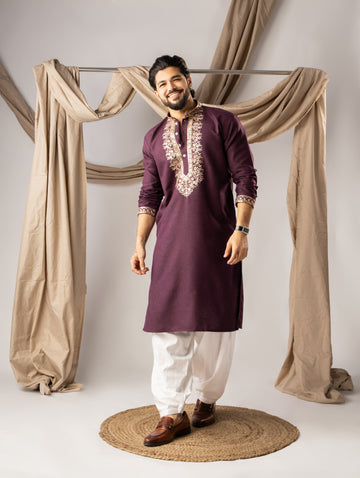 Classic Wine Kurta with Traditional Threadwork