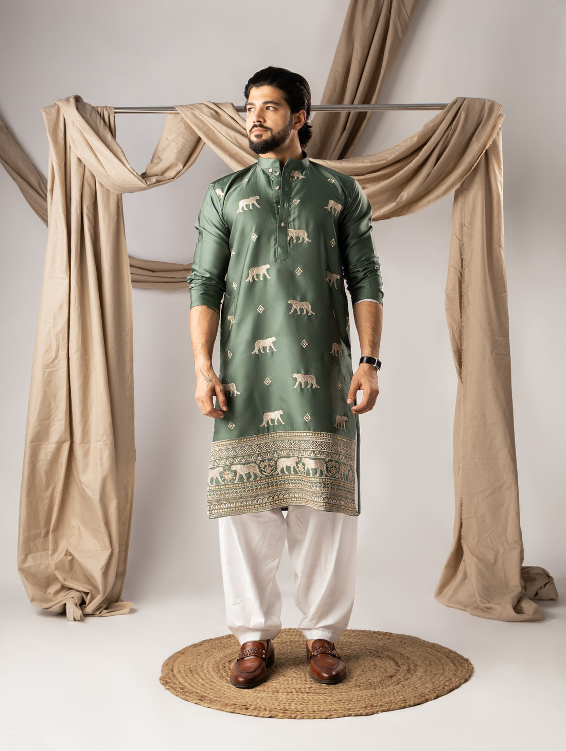 Aranya Forest Green with Animal Motif Embroidery Kurta