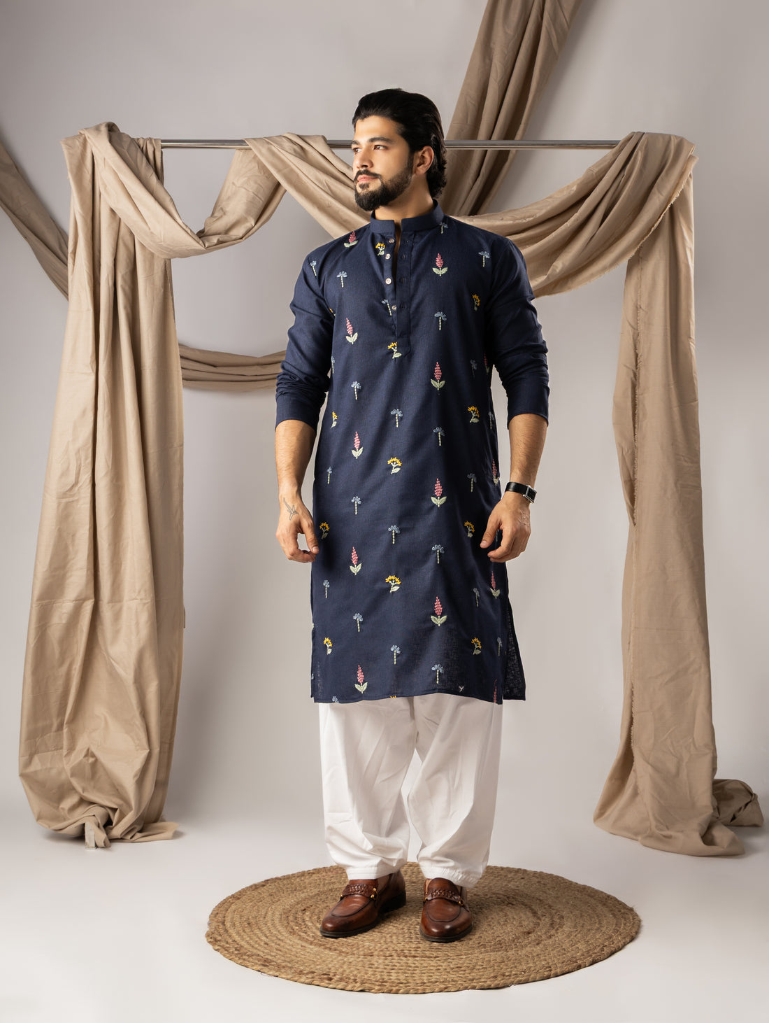Deep Navy Embroidery Linen Kurta