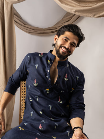 Deep Navy Embroidery Linen Kurta