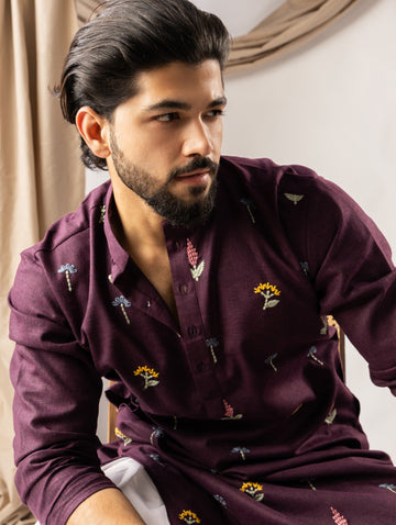 Wine Maroon Embroidery Linen Kurta