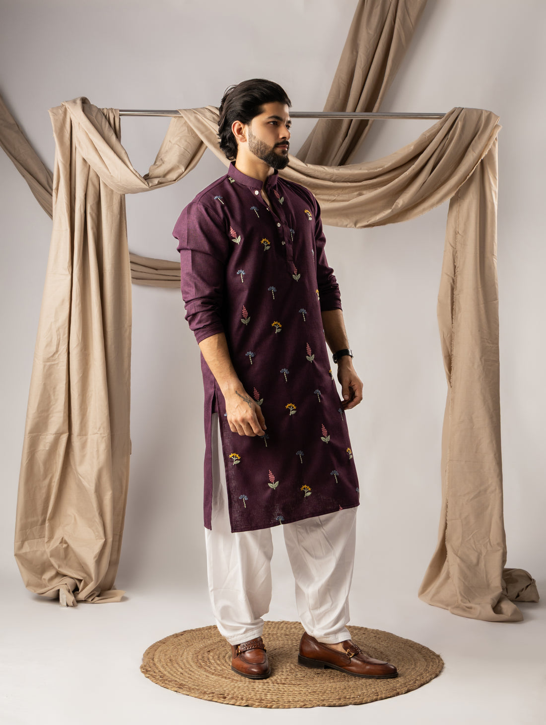 Wine Maroon Embroidery Linen Kurta